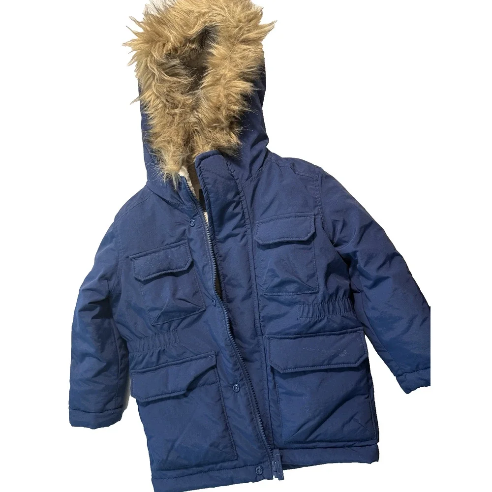 Children’s Place Navy Faux Fur Hooded Puffer Jacket Size XS 4